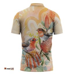 Australia Flame Robin Zipper Polo Shirt Petroica Phoenicea Banksia Indigenous Art LT14