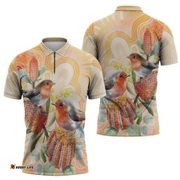 Australia Flame Robin Zipper Polo Shirt Petroica Phoenicea Banksia Indigenous Art LT14