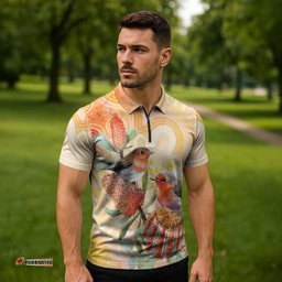 Australia Flame Robin Zipper Polo Shirt Petroica Phoenicea Banksia Indigenous Art LT14