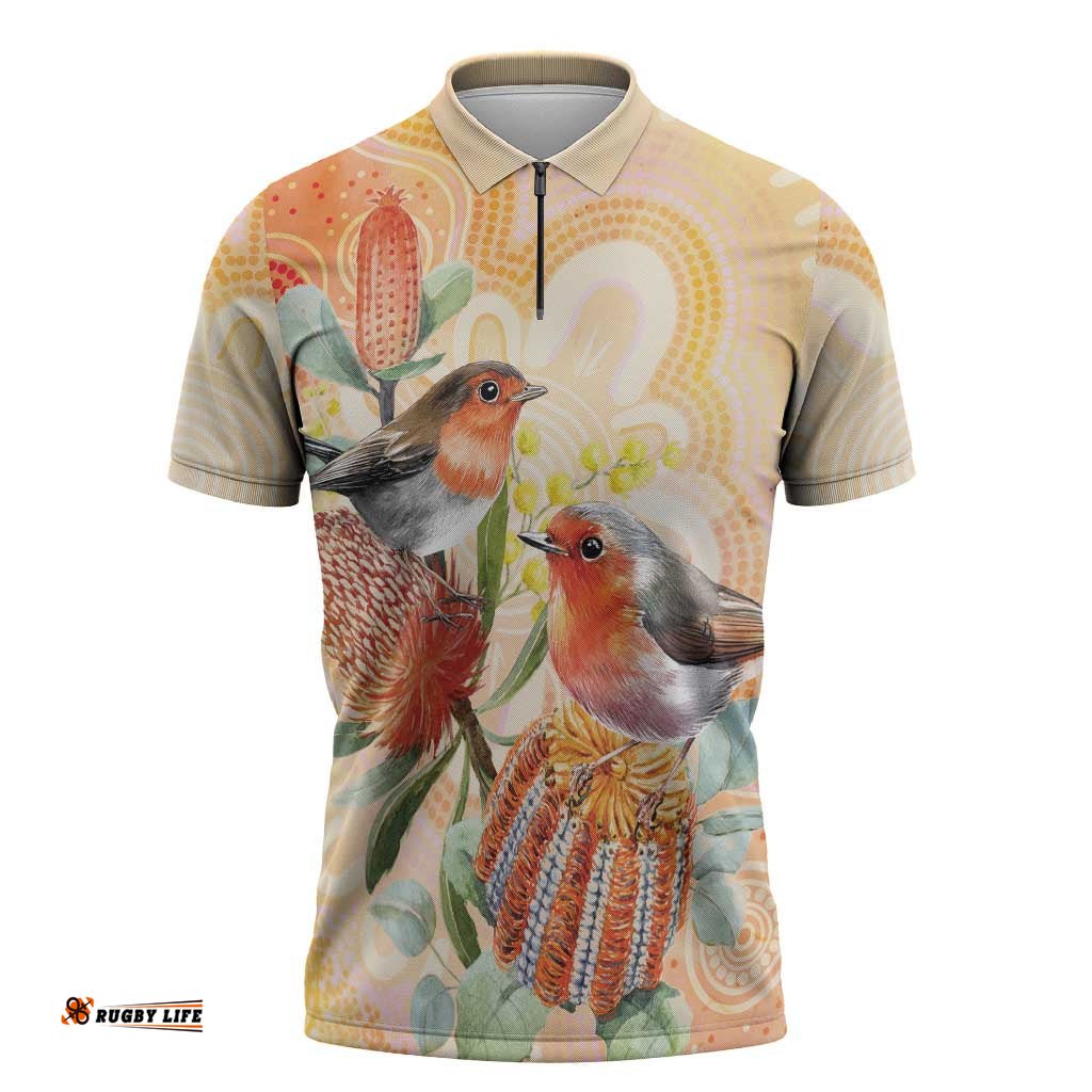 Australia Flame Robin Zipper Polo Shirt Petroica Phoenicea Banksia Indigenous Art LT14