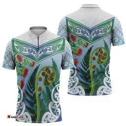 Aotearoa New Zealand Natural Plants Zipper Polo Shirt Pohutukawa with Silver Ferns Koru Frond Maori Tattoos LT03