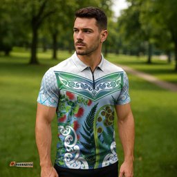 Aotearoa New Zealand Natural Plants Zipper Polo Shirt Pohutukawa with Silver Ferns Koru Frond Maori Tattoos LT03