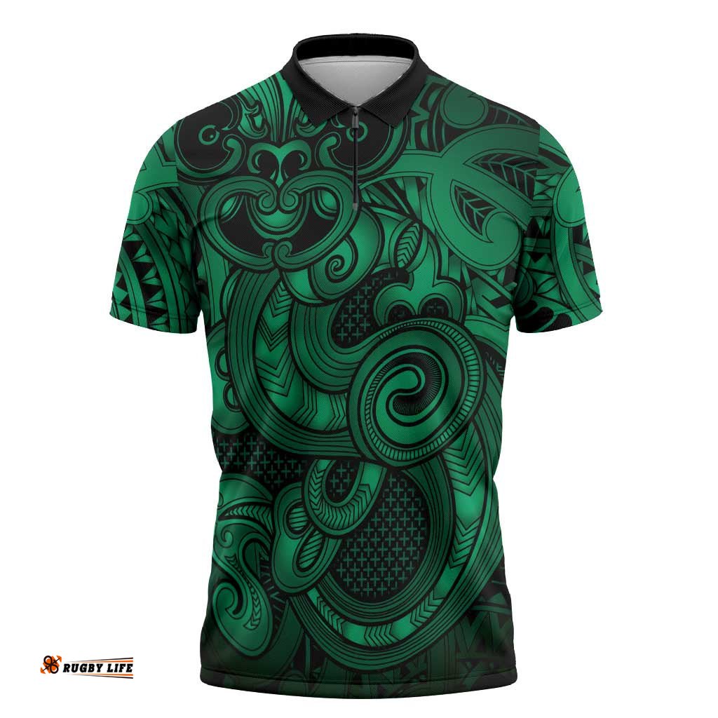 Aotearoa Maori Hei Tiki Zipper Polo Shirt Kakariki Kowhaiwhai Puhoro Motif LT9