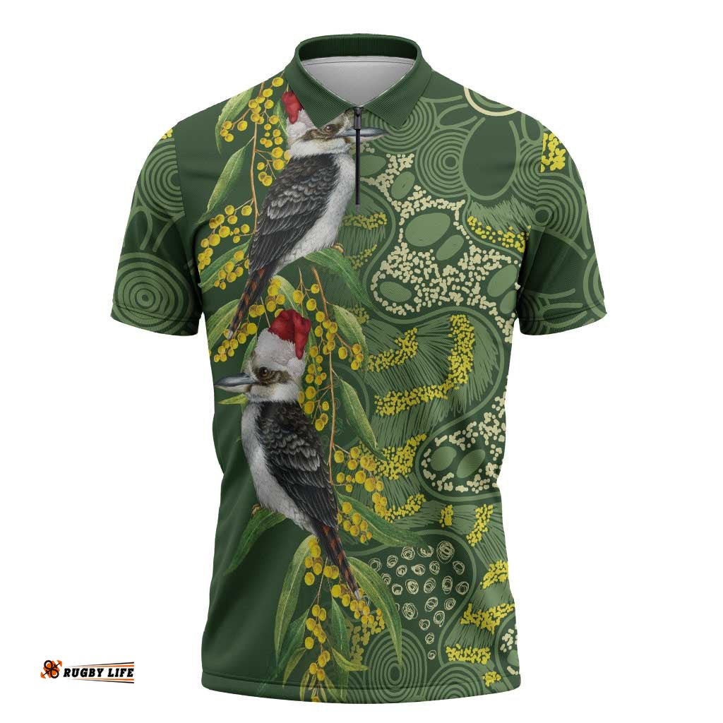 Aussie Kokaburra Golden Wattle Christmas Zipper Polo Shirt Aboriginal Dots Painting Green Motif LT9