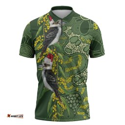 Aussie Kokaburra Golden Wattle Christmas Zipper Polo Shirt Aboriginal Dots Painting Green Motif LT9