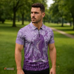 Australia Epilepsy Awareness Zipper Polo Shirt Seahorse Think Purple Ribbon Aboriginal LT14