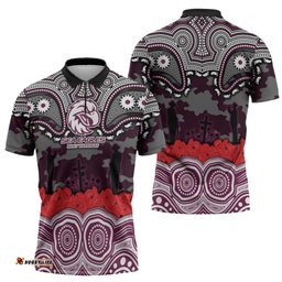 ANZAC Day Manly Warringah Sea Eagles Zipper Polo Shirt Military Memorial Aboriginal Indigenous Art TS04