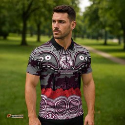 ANZAC Day Manly Warringah Sea Eagles Zipper Polo Shirt Military Memorial Aboriginal Indigenous Art TS04