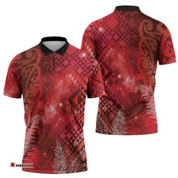 Aotearoa Taniko Matariki Zipper Polo Shirt Cosmic Red LT7