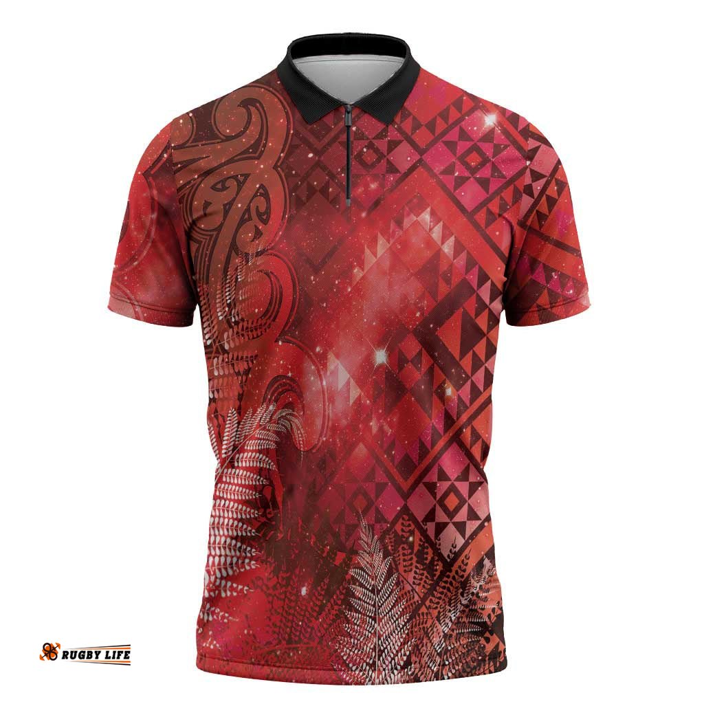 Aotearoa Taniko Matariki Zipper Polo Shirt Cosmic Red LT7