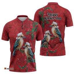 Aussie Kokaburra Waratah Christmas Zipper Polo Shirt Aboriginal Dots Painting LT9