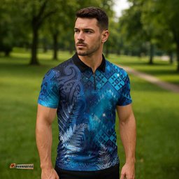 Aotearoa Taniko Matariki Zipper Polo Shirt Cosmic Blue LT7