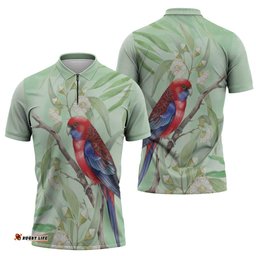 Australia Crimson Rosella Zipper Polo Shirt Platycercus Elegans Eucalyptus Alba Watercolor LT14
