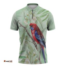Australia Crimson Rosella Zipper Polo Shirt Platycercus Elegans Eucalyptus Alba Watercolor LT14