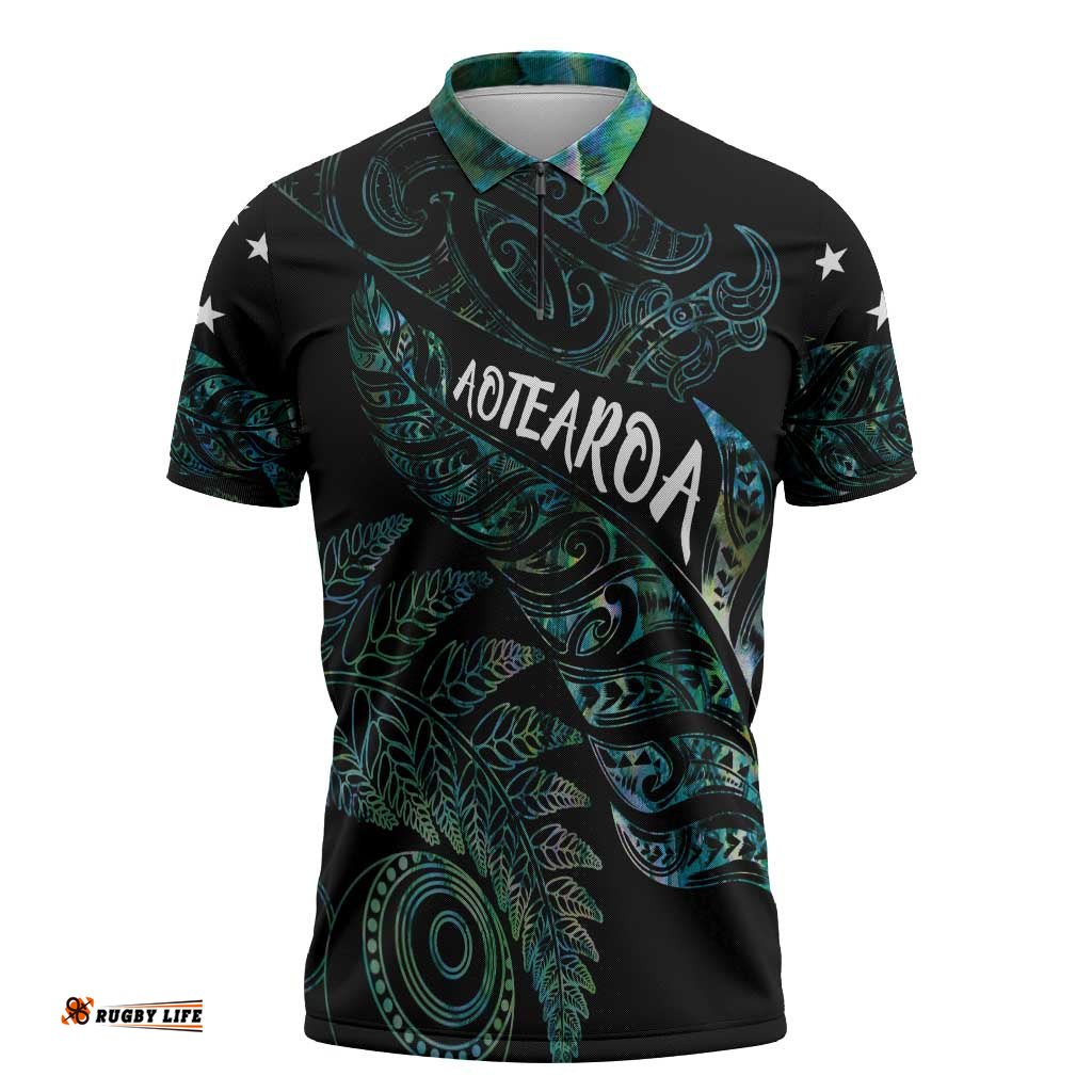 Aotearoa Personalized Lawn Bowls Maori Zipper Polo Shirt New Zealand Paua Shell Tribal Silver Fern LT7