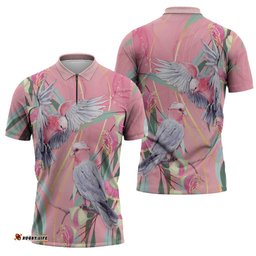 Australia Breast Cancer Awareness Zipper Polo Shirt Pink Galah with Eucalyptus Flowers LT7