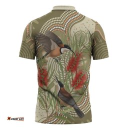 Australia Eastern Spinebill Zipper Polo Shirt Aussie Honeyeater Bottlebrush Indigenous Art LT14