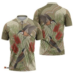 Australia Eastern Spinebill Zipper Polo Shirt Aussie Honeyeater Bottlebrush Indigenous Art LT14