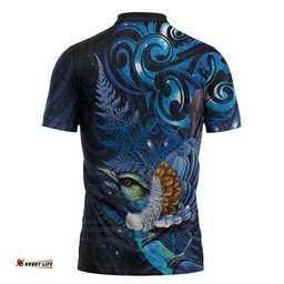 Aotearoa Matariki Zipper Polo Shirt Maori Tribal with Silver Fern and Tui Bird Galaxy Style LT03