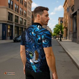 Aotearoa Matariki Zipper Polo Shirt Maori Tribal with Silver Fern and Tui Bird Galaxy Style LT03