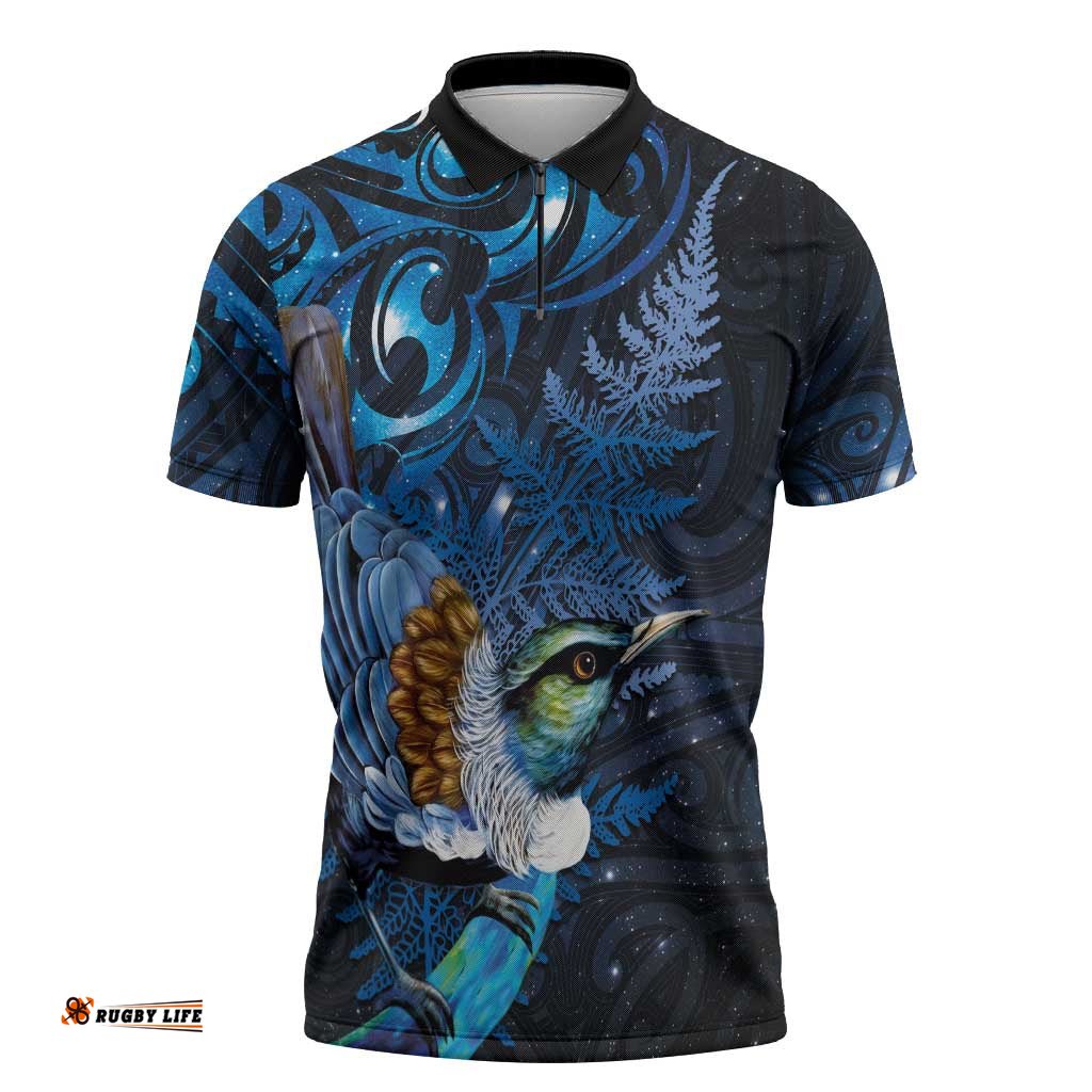 Aotearoa Matariki Zipper Polo Shirt Maori Tribal with Silver Fern and Tui Bird Galaxy Style LT03