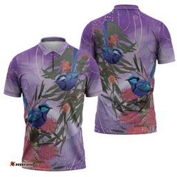 Australia Splendid Fairy Wren on Eucalyptus Zipper Polo Shirt Epilepsy Awareness LT7