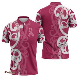 Breast Cancer Awareness Maori Zipper Polo Shirt Koru Kowhaiwhai LT7