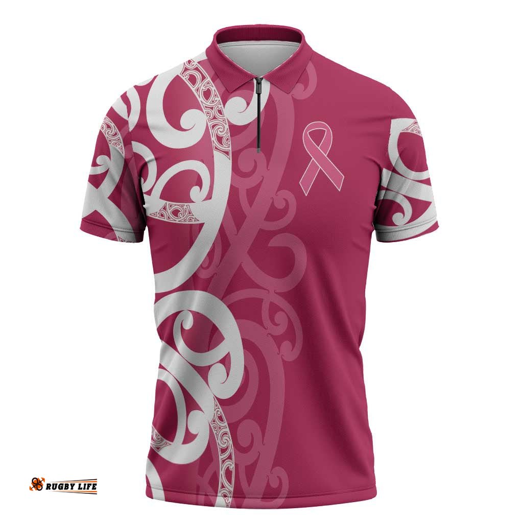 Breast Cancer Awareness Maori Zipper Polo Shirt Koru Kowhaiwhai LT7
