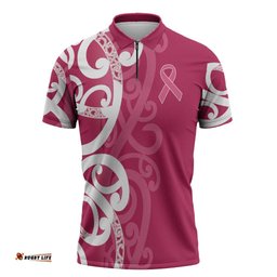 Breast Cancer Awareness Maori Zipper Polo Shirt Koru Kowhaiwhai LT7