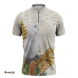 Australia Little Corella Zipper Polo Shirt Cacatua Sanguinea Western Grevillea Aboriginal Art LT14