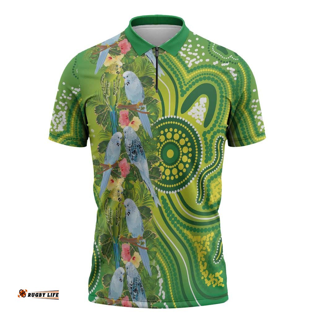 Budgerigar Australia Zipper Polo Shirt Aussie Common Parakeet Indigenous Art LT14