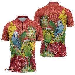 Budgerigar Australia Christmas Zipper Polo Shirt Budgies Golden Wattle Aboriginal Red LT14