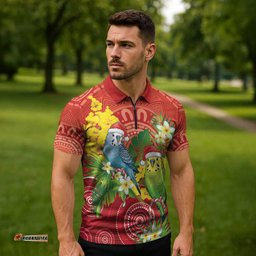 Budgerigar Australia Christmas Zipper Polo Shirt Budgies Golden Wattle Aboriginal Red LT14