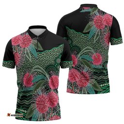Australia Hakea Zipper Polo Shirt Aussie Native Flowers Indigenous Art LT14