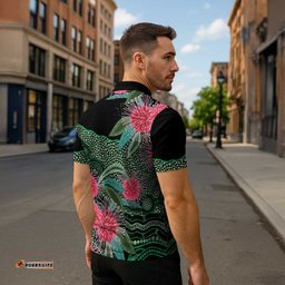Australia Hakea Zipper Polo Shirt Aussie Native Flowers Indigenous Art LT14
