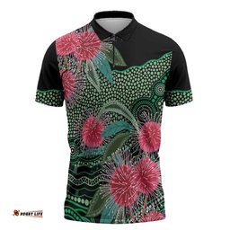 Australia Hakea Zipper Polo Shirt Aussie Native Flowers Indigenous Art LT14