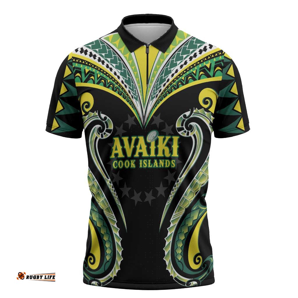 Custom Rugby Cook Islands Avaiki Zipper Polo Shirt Black Kuki Airani Tribal Maori Inspired LT9