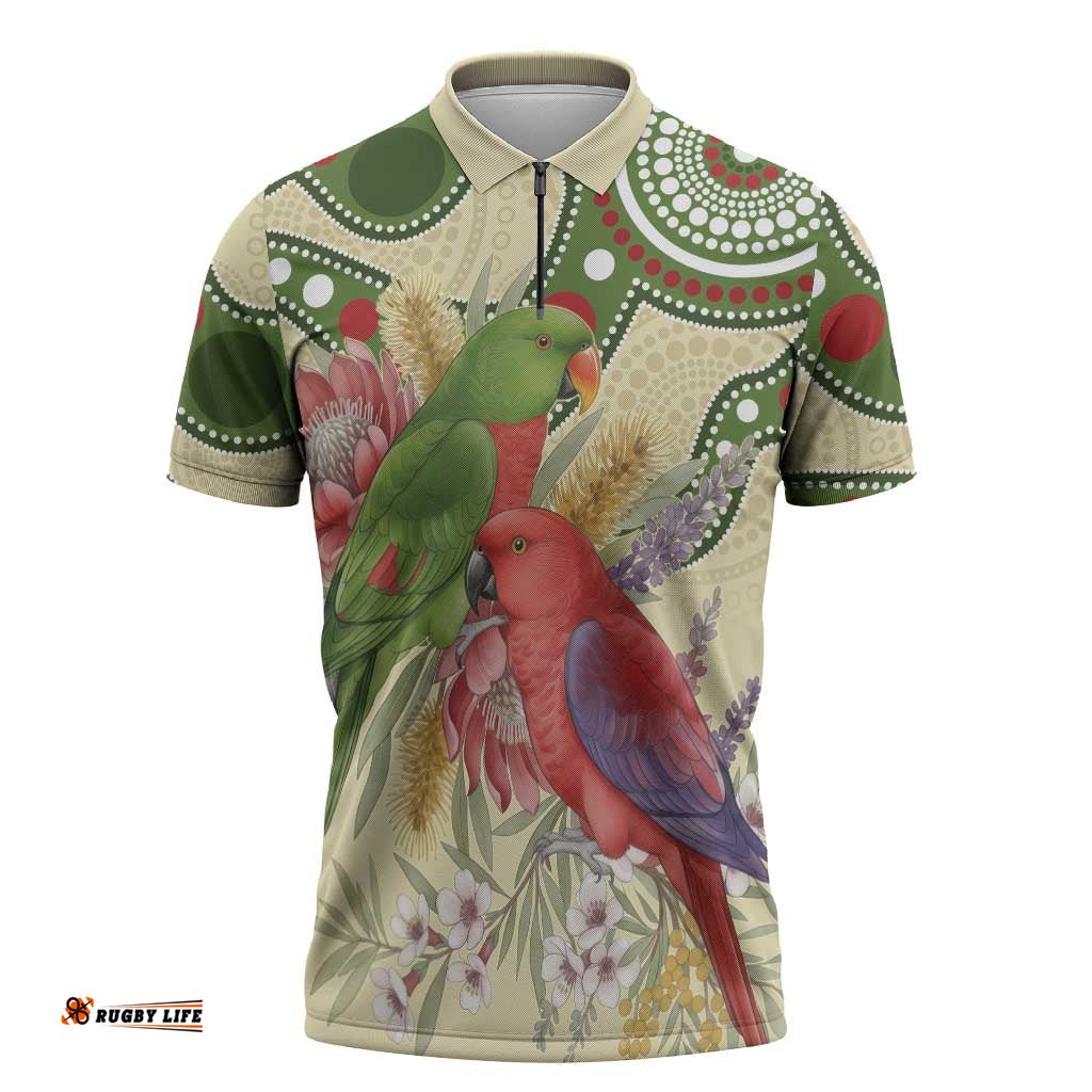 Australia Moluccan Eclectus Zipper Polo Shirt Australian Native Flowers Indigenous Art LT14