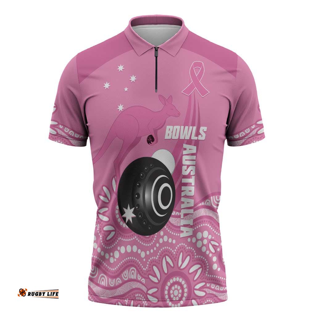 Custom Bowls Australia Breast Cancer Zipper Polo Shirt Pink Ribbon Kangaroo Aboriginal Art LT14