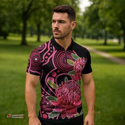 Australia Waratah Zipper Polo Shirt Telopea Aussie Native Flowers Indigenous Art LT14