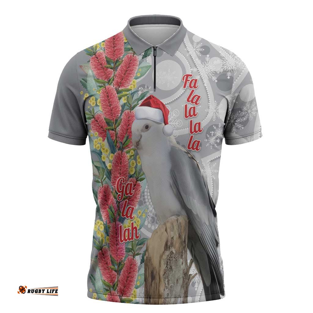 Blue Galah Mutation Christmas Australia Zipper Polo Shirt Falalalala Galalah Bottlebrush Grey Aboriginal Art LT14