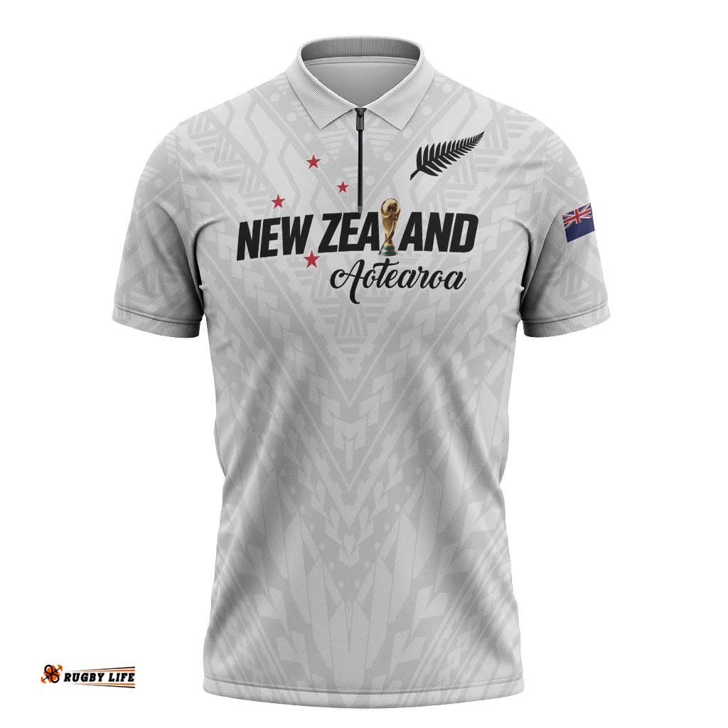 Custom Football New Zealand Zipper Polo Shirt Aotearoa United White Version LT01