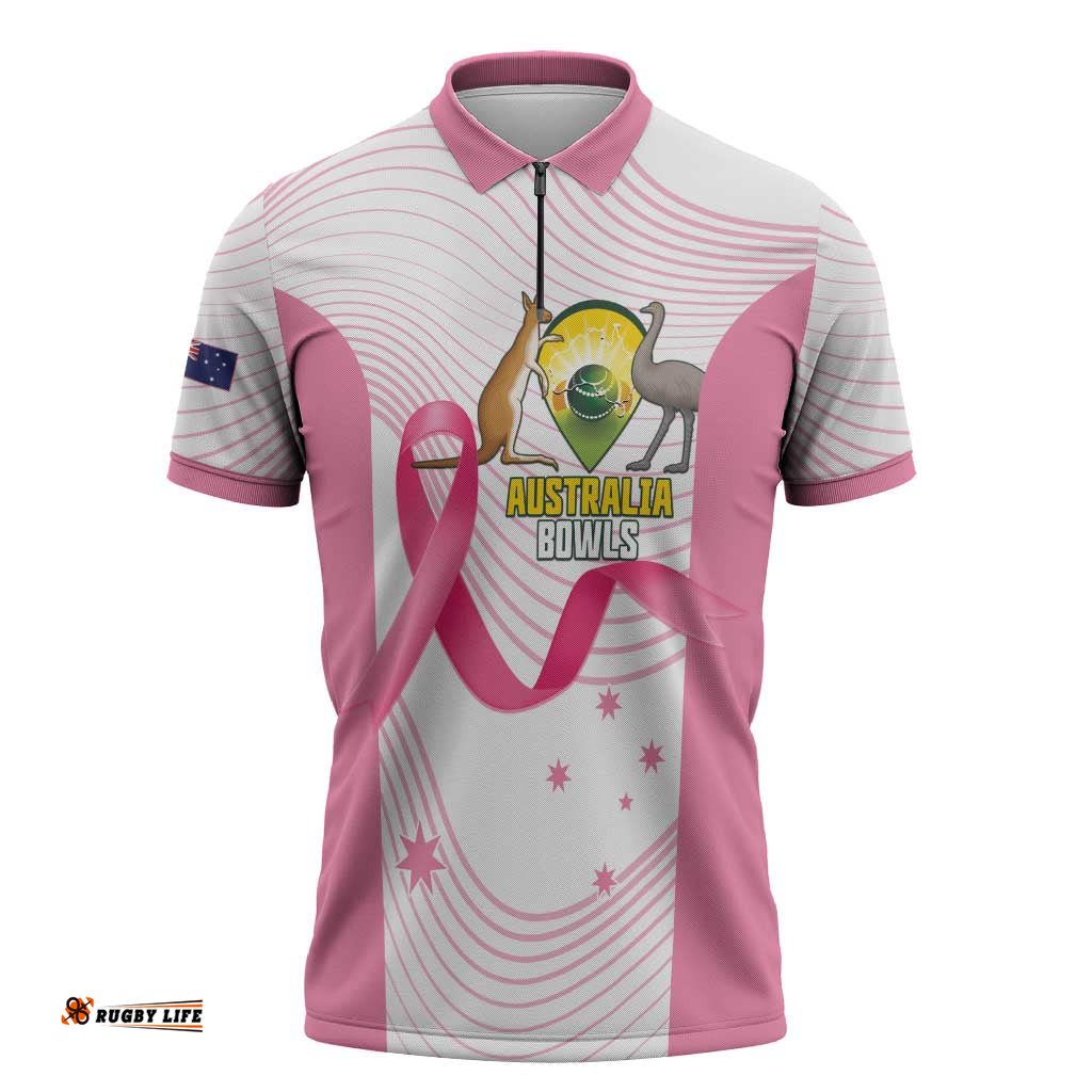 Custom Bowls Australia Breast Cancer Zipper Polo Shirt Pink Ribbon Curve Sporty LT14