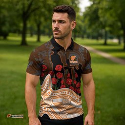 GWS Giants ANZAC Day Zipper Polo Shirt Indigenous Dot Art with Poppy Flower Tribute TS04