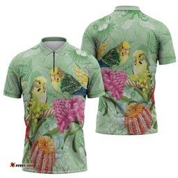 Birds and Floral Aussie Budgerigars Zipper Polo Shirt Mint Opal LT7
