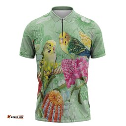 Birds and Floral Aussie Budgerigars Zipper Polo Shirt Mint Opal LT7