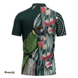 Australian Ringneck Parrot Zipper Polo Shirt Barnardius Zonarius Eucalyptus Flowers Aboriginal Art LT14