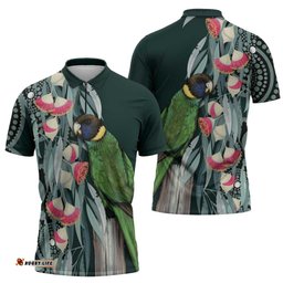Australian Ringneck Parrot Zipper Polo Shirt Barnardius Zonarius Eucalyptus Flowers Aboriginal Art LT14