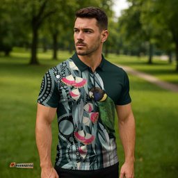 Australian Ringneck Parrot Zipper Polo Shirt Barnardius Zonarius Eucalyptus Flowers Aboriginal Art LT14