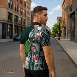 Australian Ringneck Parrot Zipper Polo Shirt Barnardius Zonarius Eucalyptus Flowers Aboriginal Art LT14